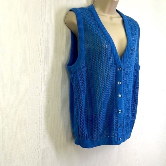 Lady Devon - Vintage Blue Open Knit Front Button Down Sweater Vest Size Small - Picture 3 of 12